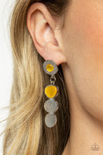 Load image into Gallery viewer, Scratched in shimmery textures, a mismatched collection of round and oval silver frames link and connect into a pair of abstract lures. Flat yellow cat&#39;s eye-like accents haphazardly adorn the display, adding asymmetrical allure to the whimsical pair. Earring attaches to a standard post fitting.  Sold as one pair of post earrings.

