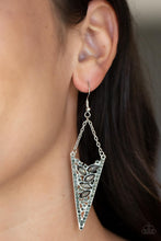 Load image into Gallery viewer, Suspended by silver chains, the center of a smoky rhinestone encrusted silver frame is filled with round and marquise smoky rhinestones for a flashy finish. Earring attaches to a standard fishhook fitting.  Sold as one pair of earrings.

