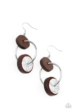 Load image into Gallery viewer, An earthy collection of brown wood and white stone discs are threaded along a silver hoop, linking into a trendy lure for an artisan inspired fashion. Earring attaches to a standard fishhook fitting.  Sold as one pair of earrings.
