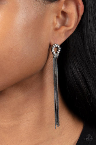 A glistening curtain of round gunmetal snake chains stream out from the bottom of a dainty horseshoe frame adorned in glassy white rhinestones, creating a tantalizing tassel. Earring attaches to a standard post fitting.  Sold as one pair of post earrings.