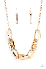 Load image into Gallery viewer, Brushed in an antiqued shimmer, pairs of oversized oval gold links dramatically connect into a gritty chain below the collar for a bold industrial look. Features an adjustable clasp closure.  Sold as one individual necklace. Includes one pair of matching earrings.
