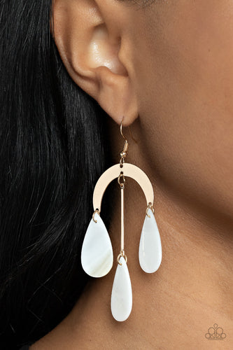 White shell-like teardrops trickle from the bottom of a gold rod and gold half moon frame, creating an ocean inspired chandelier. Earring attaches to a standard fishhook fitting.  Sold as one pair of earrings.