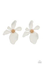 Load image into Gallery viewer, Featuring a golden studded center, asymmetrical white petals bloom into an abstract flower for a tropical inspired look. Earring attaches to a standard post fitting.  Sold as one pair of post earrings.
