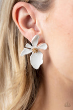 Load image into Gallery viewer, Featuring a golden studded center, asymmetrical white petals bloom into an abstract flower for a tropical inspired look. Earring attaches to a standard post fitting.  Sold as one pair of post earrings.
