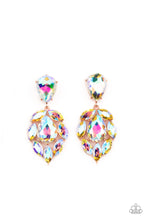 Load image into Gallery viewer, A stellar collection of marquise cut iridescent rhinestones nestle around an oversized teardrop iridescent rhinestone, creating a dramatically stellar display at the bottom of a matching iridescent teardrop rhinestone. Earring attaches to a standard post fitting.  Sold as one pair of post earrings.
