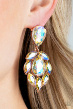 Load image into Gallery viewer, A stellar collection of marquise cut iridescent rhinestones nestle around an oversized teardrop iridescent rhinestone, creating a dramatically stellar display at the bottom of a matching iridescent teardrop rhinestone. Earring attaches to a standard post fitting.  Sold as one pair of post earrings.
