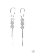 Load image into Gallery viewer, A silver loop of round snake chain is held in place by a trio of scratched silver discs, creating a trendy bolo-like lure. Earring attaches to a standard post fitting.  Sold as one pair of post earrings.
