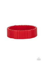 Load image into Gallery viewer, Painted in a fiery red finish, a mismatched collection of acrylic rectangular frames are threaded along stretchy bands around the wrist for a flamboyant pop of color.  Sold as one individual bracelet.
