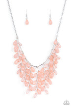 Load image into Gallery viewer, A shimmery collection of opaque and clear crystal-like Pale Rosette teardrop beads delicately cluster along a linked strand of silver bars, creating an ethereally leafy fringe below the collar. Features an adjustable clasp closure.  Sold as one individual necklace. Includes one pair of matching earrings.
