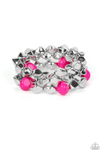 Load image into Gallery viewer, Infused with pops of Fuchsia Fedora accents, a faceted series of silver beads are threaded along stretchy bands around the wrist for a flashy fashion.  Sold as one set of three bracelets.
