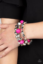Load image into Gallery viewer, Infused with pops of Fuchsia Fedora accents, a faceted series of silver beads are threaded along stretchy bands around the wrist for a flashy fashion.  Sold as one set of three bracelets.
