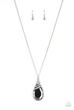 Load image into Gallery viewer, Capped in a white rhinestone encrusted fitting, glittery silver ribbons of white rhinestones delicately wrap around the top of a dramatically oversized smoky teardrop gem. The smoldering pendant swings from the bottom of a lengthened silver chain, creating a glamorous statement piece. Features an adjustable clasp closure.  Sold as one individual necklace. Includes one pair of matching earrings.

