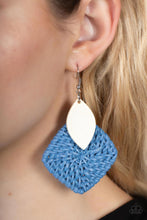 Load image into Gallery viewer, A leaf shaped white wooden frame delicately overlaps with an intricately woven blue wicker-like frame, creating a refreshing pop of color. Earring attaches to a standard fishhook fitting.
