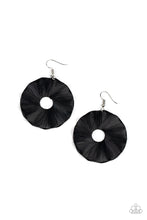 Load image into Gallery viewer, Shiny black crepe-like paper is wrapped around a rippling round disc, creating a modern display. Earring attaches to a standard fishhook fitting.
