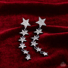 Load image into Gallery viewer, Dotted with dainty white rhinestones, a stellar collection of gunmetal stars decrease in size as they cascade from the ear for an out-of-this-world fashion. Earring attaches to a standard post fitting.  Sold as one pair of post earrings.
