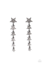 Load image into Gallery viewer, Dotted with dainty white rhinestones, a stellar collection of gunmetal stars decrease in size as they cascade from the ear for an out-of-this-world fashion. Earring attaches to a standard post fitting.  Sold as one pair of post earrings.
