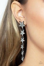 Load image into Gallery viewer, Dotted with dainty white rhinestones, a stellar collection of gunmetal stars decrease in size as they cascade from the ear for an out-of-this-world fashion. Earring attaches to a standard post fitting.  Sold as one pair of post earrings.
