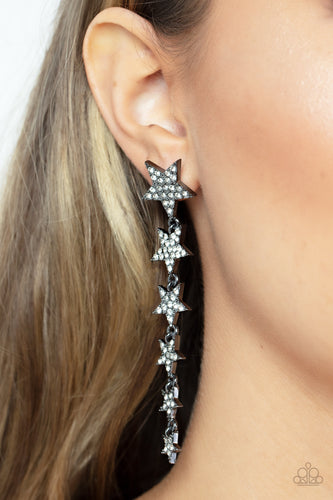 Dotted with dainty white rhinestones, a stellar collection of gunmetal stars decrease in size as they cascade from the ear for an out-of-this-world fashion. Earring attaches to a standard post fitting.  Sold as one pair of post earrings.