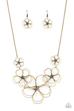 Load image into Gallery viewer, Rustic brass wire delicately twists into oversized blossoms. Gradually increasing in size, the 3D frames elegantly pop beneath the collar. Features an adjustable clasp closure.  Sold as one individual necklace. Includes one pair of matching earrings.
