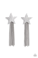 Load image into Gallery viewer, A curtain of silver chains streams out from the bottom of an oversized silver star encrusted in blinding white rhinestones, resulting in a stellar tassel. Earring attaches to a standard post fitting.  Sold as one pair of post earrings.
