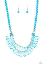 Load image into Gallery viewer, Varying in size, a glassy collection of blue teardrops alternate with dainty silver beads in two rows below the collar for a glamorous pop of color. Features an adjustable clasp closure.  Sold as one individual necklace. Includes one pair of matching earrings.
