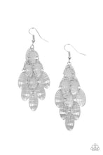 Load image into Gallery viewer, Featuring abstract crisscrossed texture, oval silver frames cascade from a metallic netted backdrop, resulting in a noise-making lure. Earring attaches to a standard fishhook fitting.  Sold as one pair of earrings.
