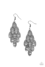 Load image into Gallery viewer, Featuring abstract crisscrossed texture, oval gunmetal frames cascade from a metallic netted backdrop, resulting in a noise-making lure. Earring attaches to a standard fishhook fitting.  Sold as one pair of earrings.
