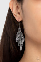 Load image into Gallery viewer, Featuring abstract crisscrossed texture, oval gunmetal frames cascade from a metallic netted backdrop, resulting in a noise-making lure. Earring attaches to a standard fishhook fitting.  Sold as one pair of earrings.
