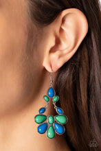 Load image into Gallery viewer, Encased in textured silver fittings, a mismatched collection of oval, marquise, and teardrop Mykonos Blue and Leprechaun beads connect and link into a vivacious lure. Earring attaches to a standard fishhook fitting.  Sold as one pair of earrings.
