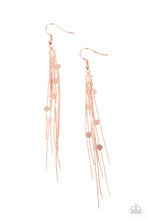 Load image into Gallery viewer, Dainty shiny copper discs trickle along a curtain of flat shiny copper chains, creating a twinkly tassel. Earring attaches to a standard fishhook fitting.  Sold as one pair of earrings.
