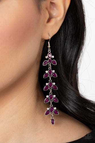 Infused with pairs of dainty white rhinestones, faceted plum teardrop beads delicately connect into leafy frames that link into an extended lure for an elegant finish. Earring attaches to a standard fishhook fitting.  Sold as one pair of earrings.