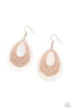 Load image into Gallery viewer, A hammered rose gold teardrop that is stenciled in an abstract pattern delicately overlaps with a white shell-like teardrop, creating a whimsical lure as it swings from the ear. Earring attaches to a standard fishhook fitting.  Sold as one pair of earrings.
