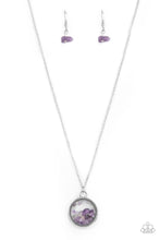 Load image into Gallery viewer, Infused with a sleek silver fitting, an earthy collection of dainty amethyst stones are encased in a glassy frame at the bottom of a dainty silver chain. Features an adjustable clasp closure.  Sold as one individual necklace. Includes one pair of matching earrings.
