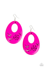 Load image into Gallery viewer, The bottom of a Fuchsia Fedora wooden teardrop frame features bird and floral cutouts, creating a whimsical centerpiece. Earring attaches to a standard fishhook fitting.  Sold as one pair of earrings.
