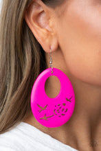 Load image into Gallery viewer, The bottom of a Fuchsia Fedora wooden teardrop frame features bird and floral cutouts, creating a whimsical centerpiece. Earring attaches to a standard fishhook fitting.  Sold as one pair of earrings.
