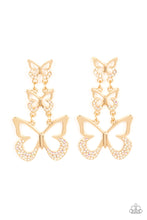 Load image into Gallery viewer, An airy trio of gold butterflies gradually increase in size as they link into a whimsical lure. The bottom of each butterfly has been dipped in iridescent rhinestones, adding a glitzy finish to the fluttering centerpiece. Earring attaches to a standard fishhook fitting.  Sold as one pair of post earrings.
