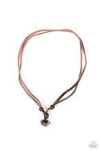 Load image into Gallery viewer, A chunky silver bead is knotted in place at the bottom of brown leather laces, resulting in an urban pendant. Features an adjustable sliding knot closure.  Sold as one individual necklace.
