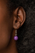Load image into Gallery viewer, Infused with a single silver bead, an oversized collection of glassy and polished translucent and purple acrylic beads and rings are threaded along an invisible wire below the collar for a flamboyant fashion. Features an adjustable clasp closure.  Sold as one individual necklace. Includes one pair of matching earrings.
