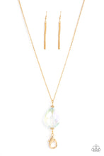 Load image into Gallery viewer, A dramatically oversized iridescent teardrop gem swings from the bottom of a lengthened gold chain, resulting in out-of-this-world sparkle. A lobster clasp hangs from the bottom of the design to allow a name badge or other item to be attached. Features an adjustable clasp closure.  Sold as one individual lanyard. Includes one pair of matching earrings.
