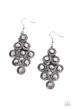 Load image into Gallery viewer, Dotted with iridescent rhinestone centers, tiers of textured silver frames cascade from a metallic backdrop for a stellar tasseled look. Earring attaches to a standard fishhook fitting.  Sold as one pair of earrings.
