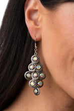 Load image into Gallery viewer, Dotted with iridescent rhinestone centers, tiers of textured silver frames cascade from a metallic backdrop for a stellar tasseled look. Earring attaches to a standard fishhook fitting.  Sold as one pair of earrings.
