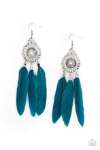 Load image into Gallery viewer, Three Mykonos Blue feathers swing from the bottom of a dizzying silver frame featuring airy filigree detail, resulting in a flirtatiously colorful fringe. Earring attaches to a standard fishhook fitting.  Sold as one pair of earrings.

