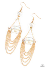 Load image into Gallery viewer, Tiers of dainty gold chains delicately layer from an oversized oval iridescent gem that is suspended from a faceted white crystal-like bead, resulting in an ethereal chandelier. Earring attaches to a standard fishhook fitting.  Sold as one pair of earrings.
