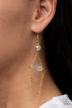 Load image into Gallery viewer, Tiers of dainty gold chains delicately layer from an oversized oval iridescent gem that is suspended from a faceted white crystal-like bead, resulting in an ethereal chandelier. Earring attaches to a standard fishhook fitting.  Sold as one pair of earrings.
