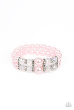 Load image into Gallery viewer, Held together by white rhinestone encrusted silver frames, a stretchy pair of bubbly pink pearl bracelets are infused with white rhinestone encrusted silver rings, iridescent crystal-like beads, and oversized pink pearls for a timeless finish.  Sold as one individual bracelet.
