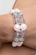 Load image into Gallery viewer, Held together by white rhinestone encrusted silver frames, a stretchy pair of bubbly pink pearl bracelets are infused with white rhinestone encrusted silver rings, iridescent crystal-like beads, and oversized pink pearls for a timeless finish.  Sold as one individual bracelet.
