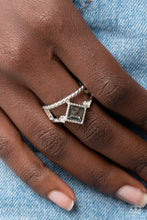 Load image into Gallery viewer, Enhanced with a twisted silver band, a smoky square cut gem tilts between two dainty white rhinestones atop a plain silver band for a prismatically layered look. Features a dainty stretchy band for a flexible fit.  Sold as one individual ring.
