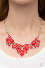 Load image into Gallery viewer, A dewy collection of oval, teardrop, and marquise red beads fans out below the collar, blooming into enchanting floral frames that delicately link into a whimsical centerpiece.  Sold as one individual necklace. Includes one pair of matching earrings.
