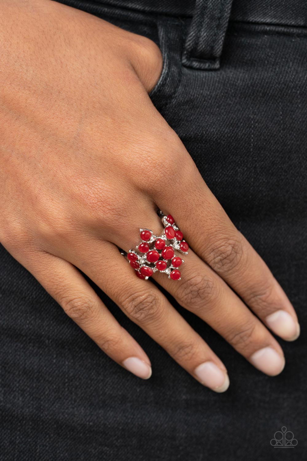 Featuring pronged silver fittings, a dreamy collection of dainty white rhinestones and bubbly red cat's eye stones scatter across the finger for an enchanting fashion. Features a stretchy band for a flexible fit.  Sold as one individual ring.
