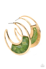 Load image into Gallery viewer, A green acrylic plate featuring flashes of silver and gold accents adorns the center of a gold half moon frame, coalescing into a trendy hoop. Earring attaches to a standard post fitting. Hoop measures approximately 2&quot; in diameter.  Sold as one pair of hoop earrings.
